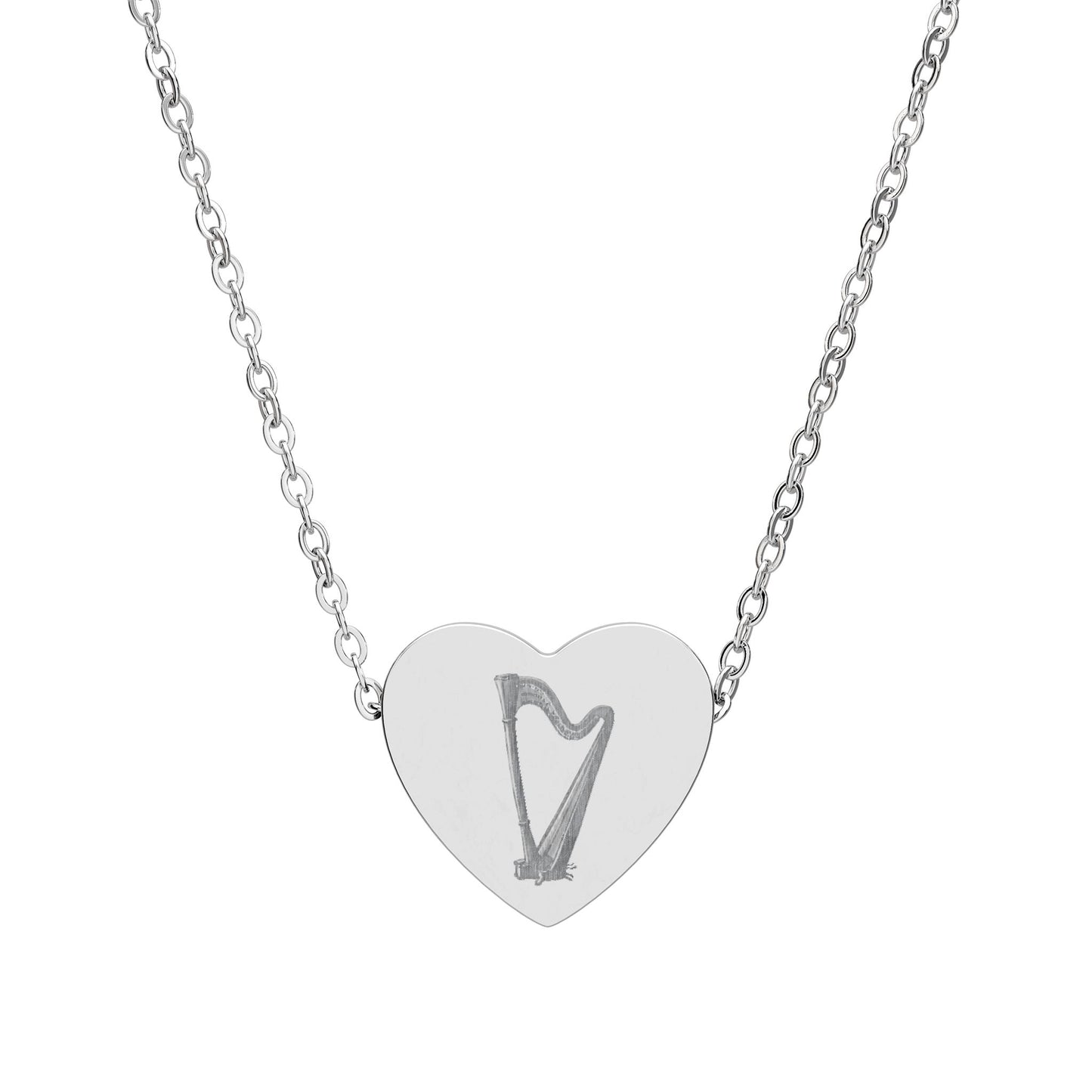 Engraved Harp Heart Necklace, Gift for Her, Gifts for Musicians