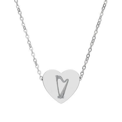 Engraved Harp Heart Necklace, Gift for Her, Gifts for Musicians