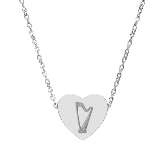 Engraved Harp Heart Necklace, Gift for Her, Gifts for Musicians