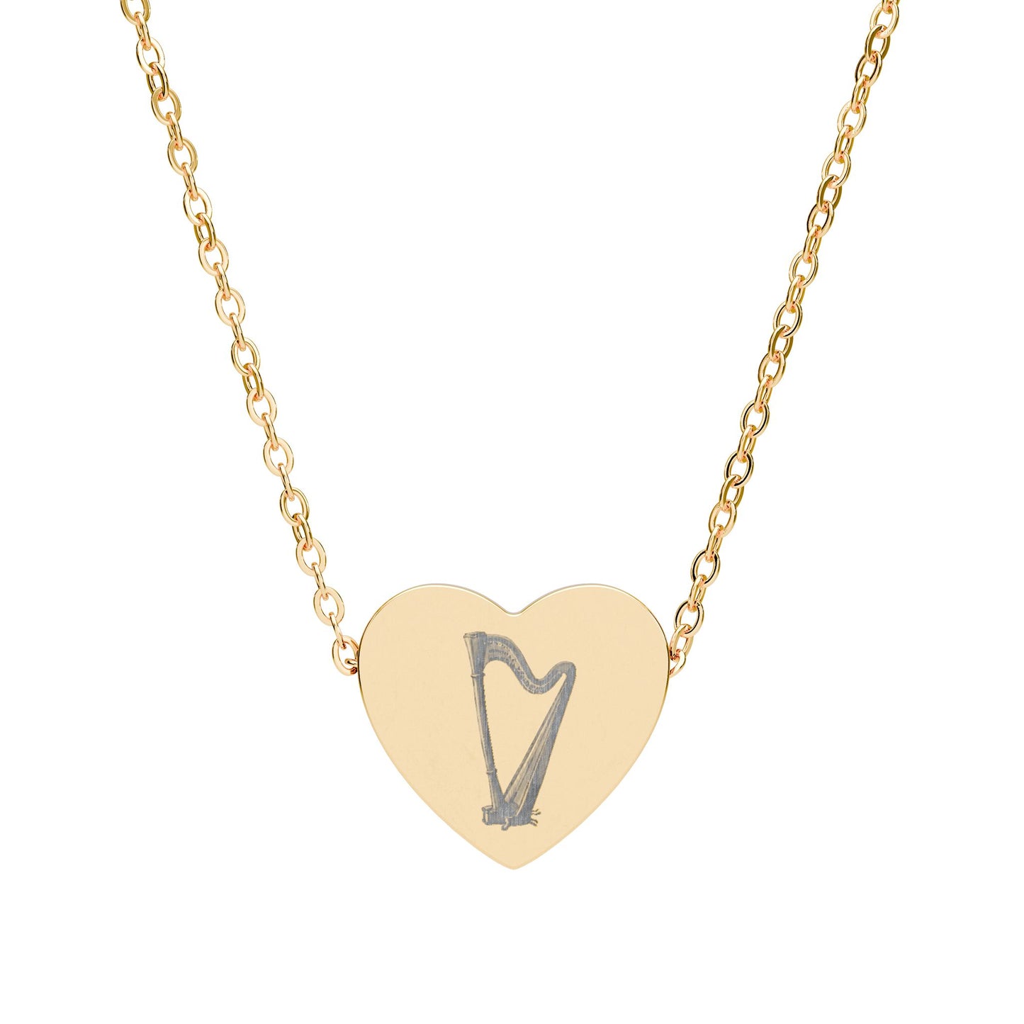 Engraved Harp Heart Necklace, Gift for Her, Gifts for Musicians