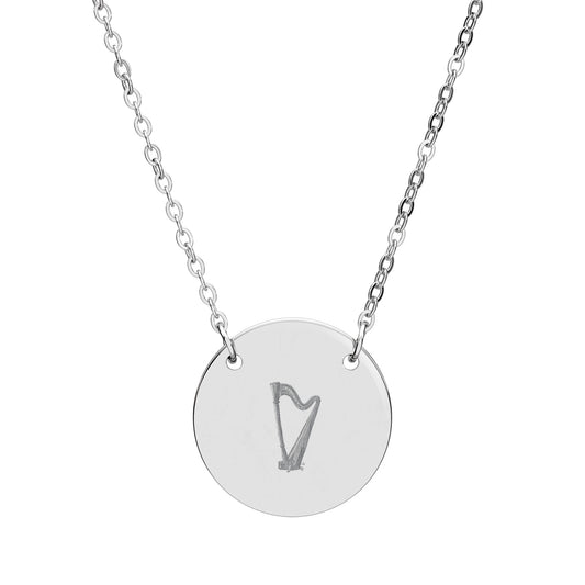Harp Circle Pendant Necklace, Engraved Gift for Her, Minimalist Necklace, Music Lover Accessory